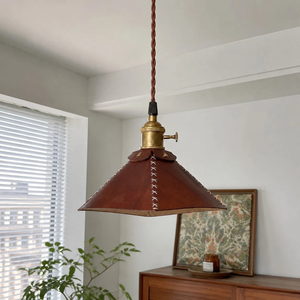 Reddish Brown Leather Pyramid Pendant Lamp | Esilora