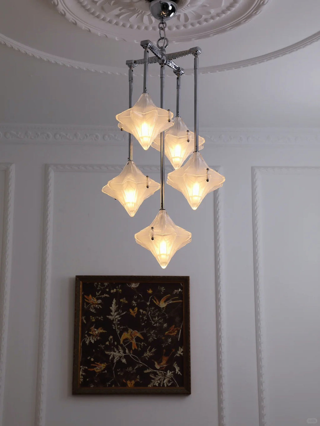 Art Deco Star Chandelier – Frosted Glass Deco Fixture for Dining Room – Astris Vega | Esilora