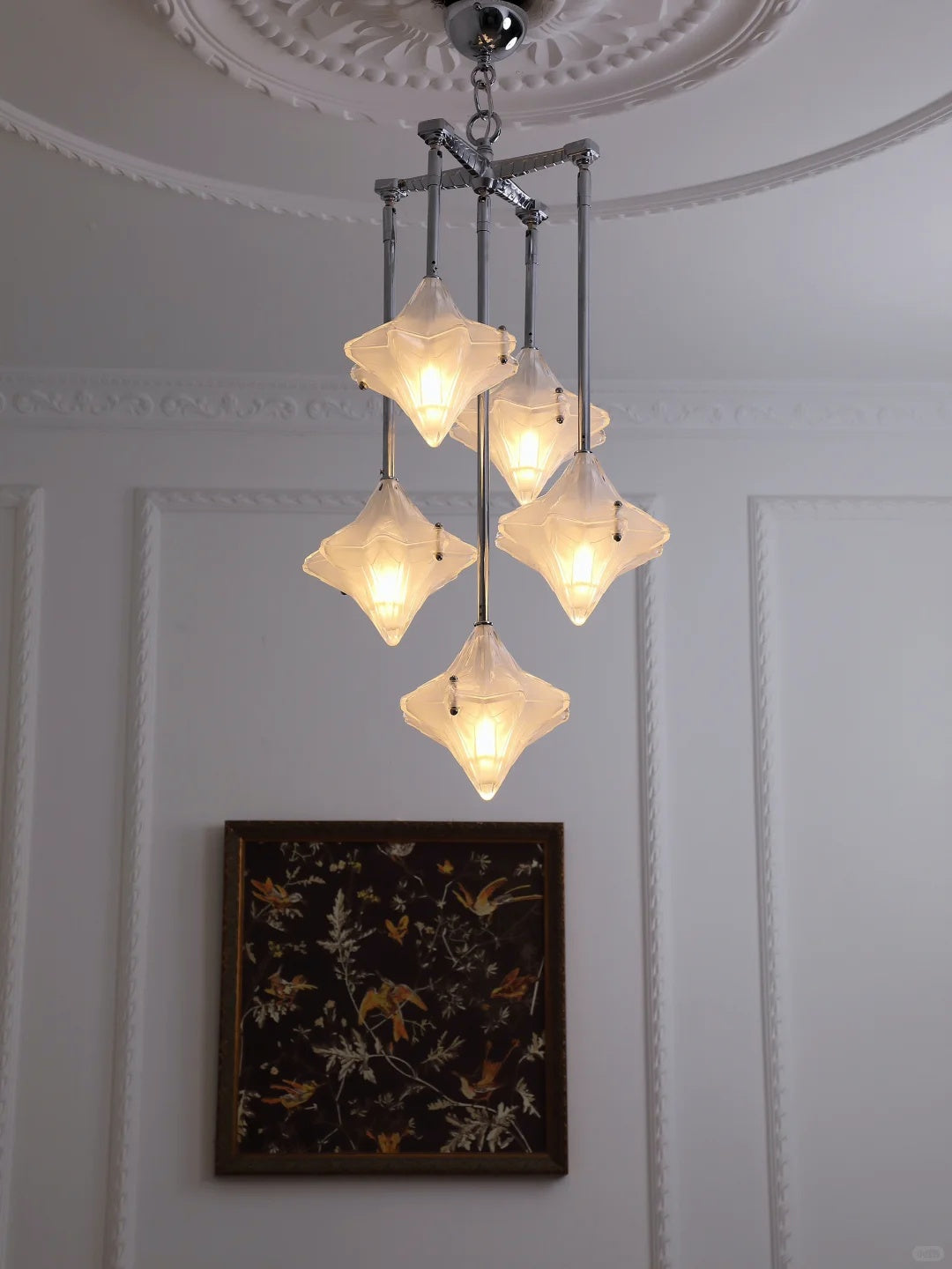 Art Deco Star Chandelier – Frosted Glass Deco Fixture for Dining Room – Astris Vega | Esilora