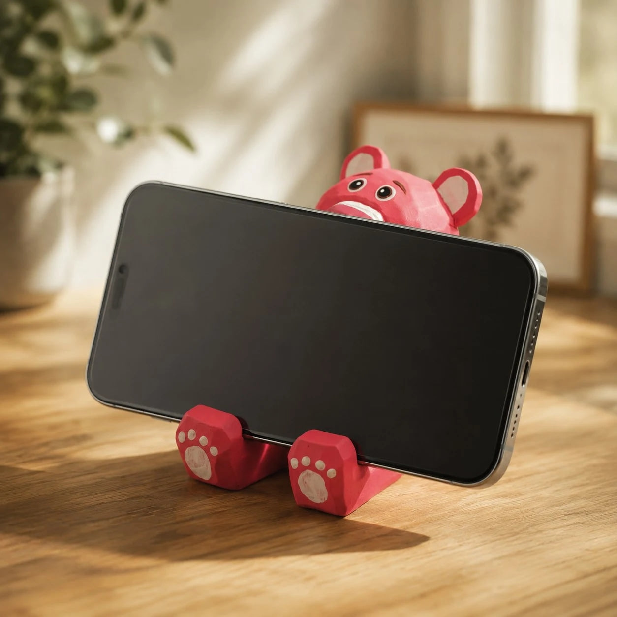 Support de téléphone en bois sculpté à la main représentant un animal | Esilora