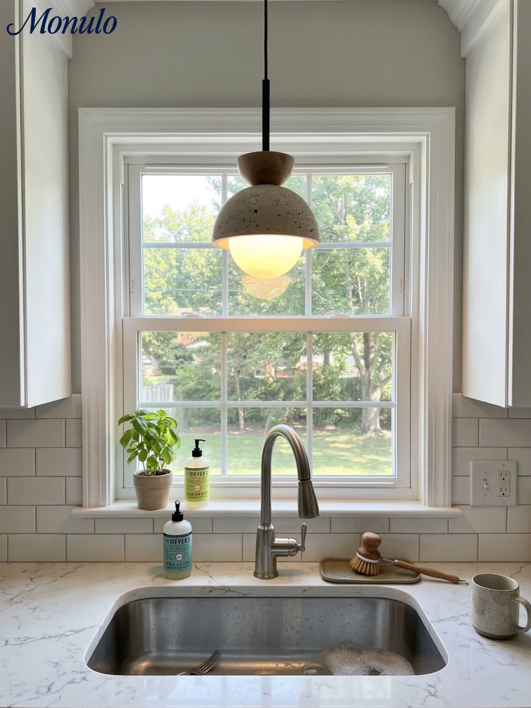 Modern Minimalist Hemisphere Travertine Wood Pendant Lamp | Esilora