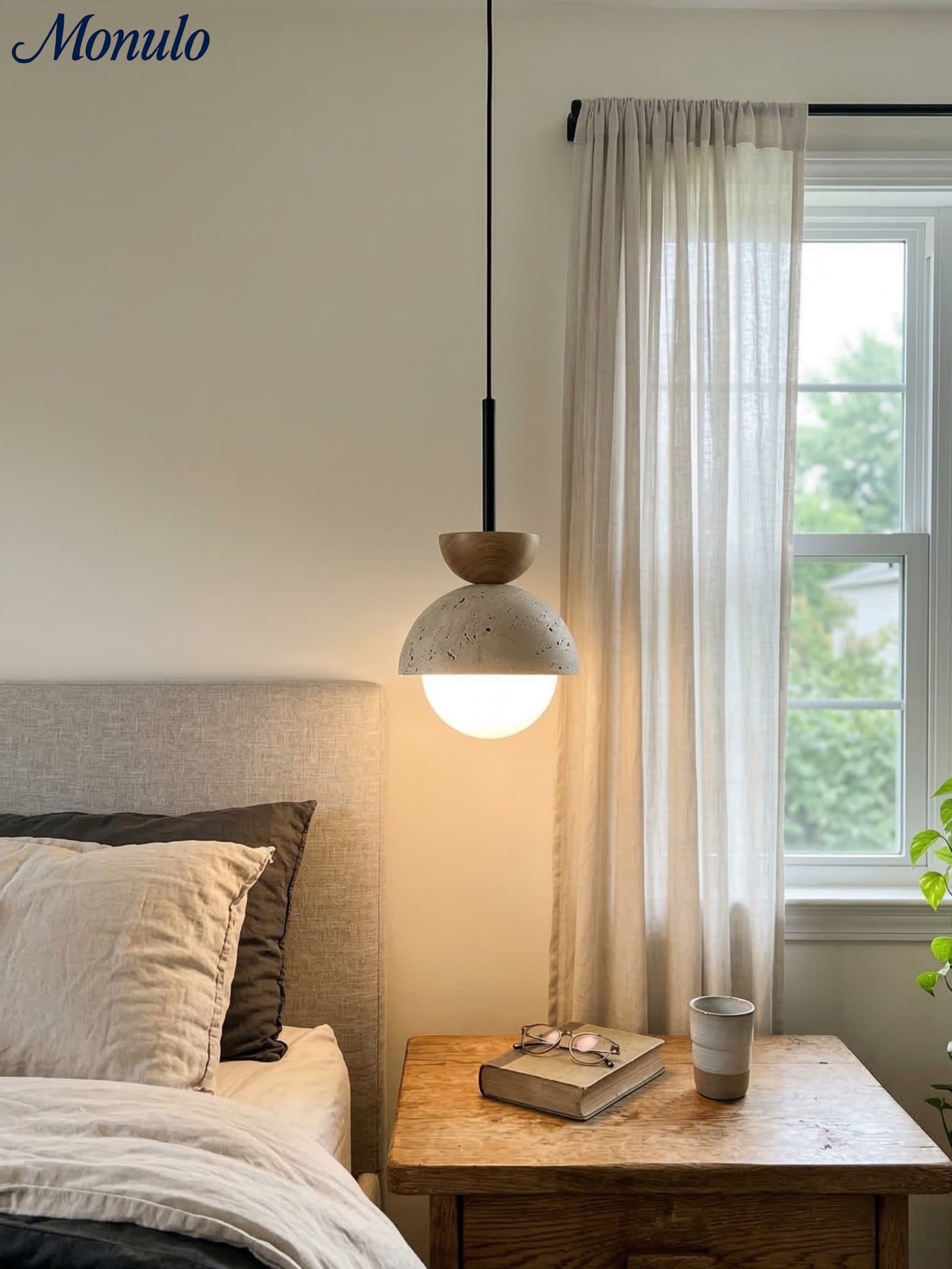 Modern Minimalist Hemisphere Travertine Wood Pendant Lamp | Esilora