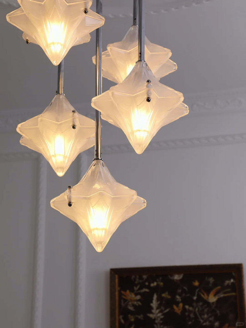 Art Deco Star Chandelier – Frosted Glass Deco Fixture for Dining Room – Astris Vega | Esilora