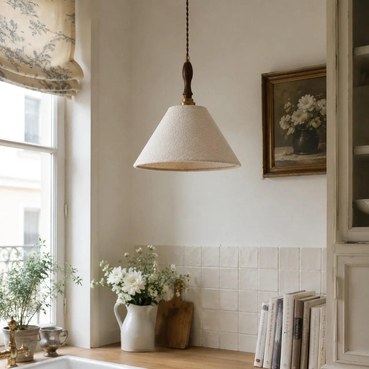 Lampada a sospensione vintage francese in tessuto color crema | Esilora