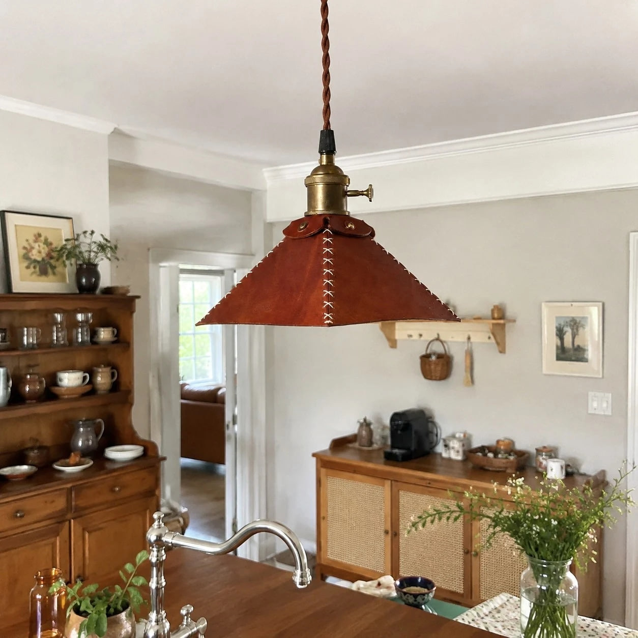 Reddish Brown Leather Pyramid Pendant Lamp | Esilora