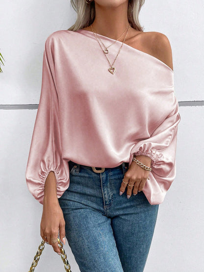 Blouse Satinée à Épaule Dénudée et Manches Bouffantes