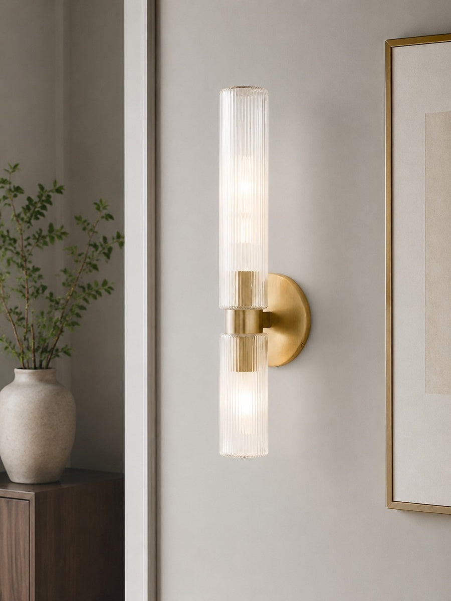 Rivora Ribbed Glass Tube Double Wall Lamp – Contemporary Wall Lighting for Entryway | Esilora