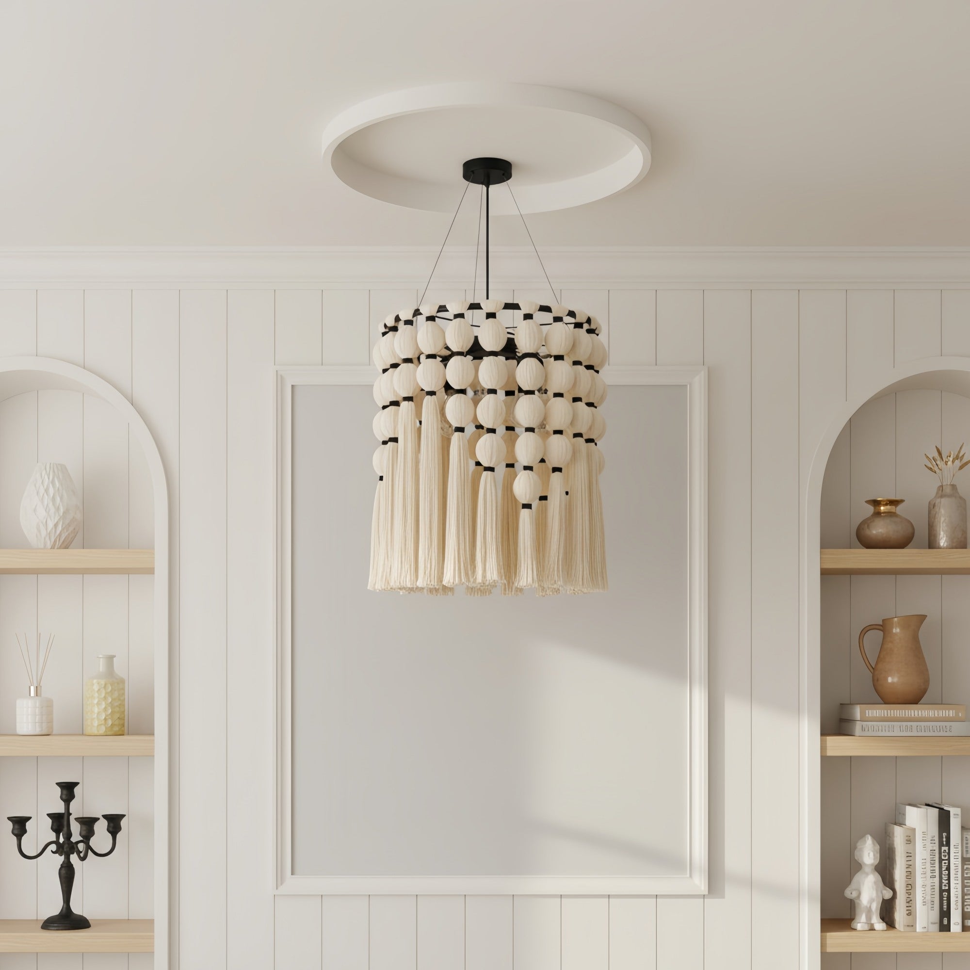 Modulune moderner eleganter handgefertigter Kronleuchter mit weißem Baumwollfransen für Wohnzimmer | Esilora