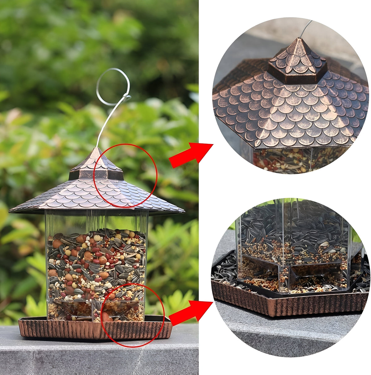 Copper-Look Hanging Bird Feeder — Weatherproof Shell, Clear Sightlines