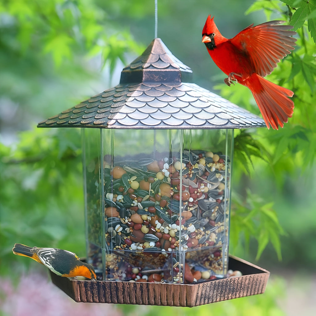 Copper-Look Hanging Bird Feeder — Weatherproof Shell, Clear Sightlines