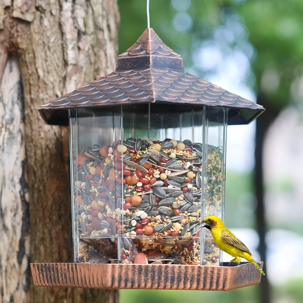 Copper-Look Hanging Bird Feeder — Weatherproof Shell, Clear Sightlines
