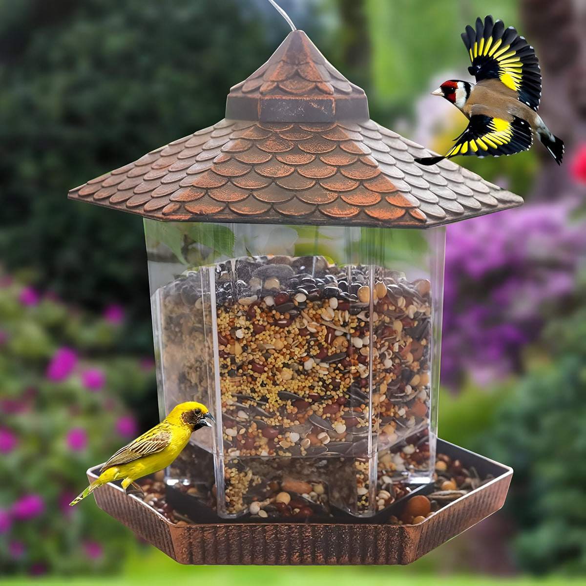 Copper-Look Hanging Bird Feeder — Weatherproof Shell, Clear Sightlines