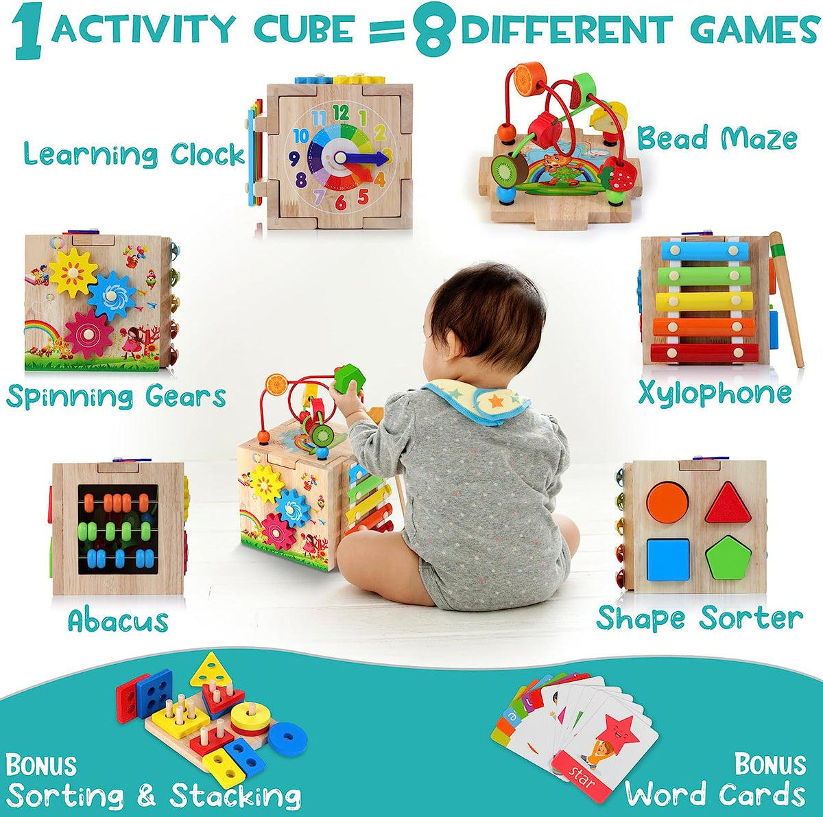 Cube de jeu Montessori en bois 8 en 1 — Jouet éducatif, dès 18 mois