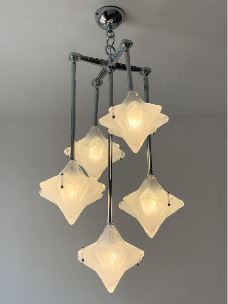 Art Deco Star Chandelier – Frosted Glass Deco Fixture for Dining Room – Astris Vega | Esilora
