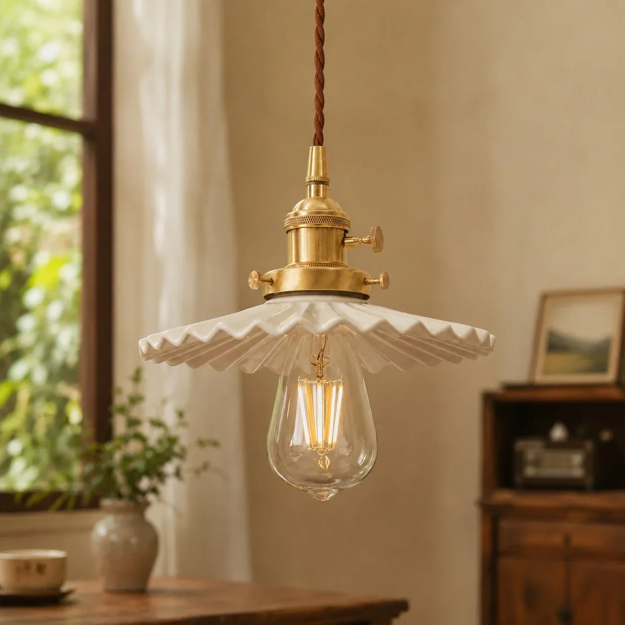 Pleated Ceramic Pendant Light with Brass Hardware | Esilora