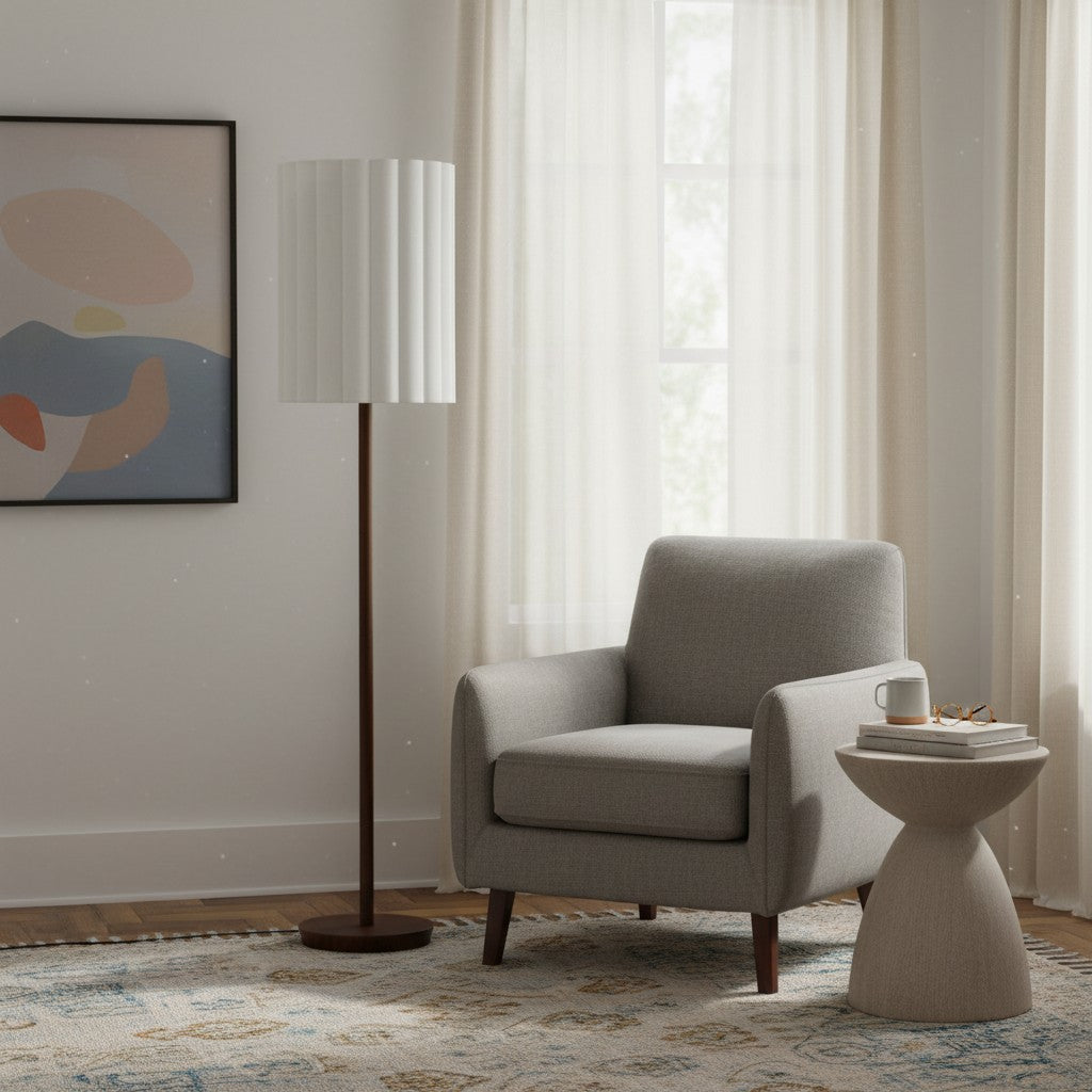 Linbron golvlampa med neutral tygskärm och trästruktur – minimalistisk modern golvlampa för vardagsrum och arbetsrum | Esilora