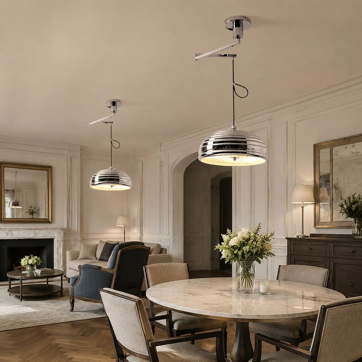 Industrielle Bauhaus-Pendelleuchte mit verstellbarem Arm in poliertem Chrom | Esilora