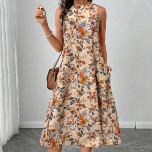 Robe Midi Évasée à Imprimé Floral avec Poches Latérales