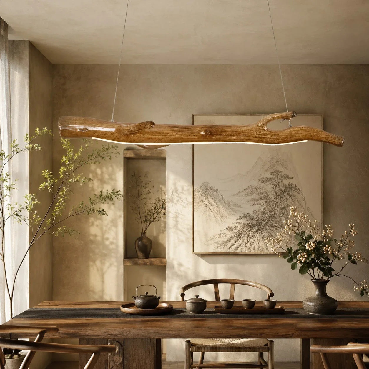 Wabi-Sabi Natural Wood Linear Pendant Light for Dining Rooms and Tea Spaces | Esilora