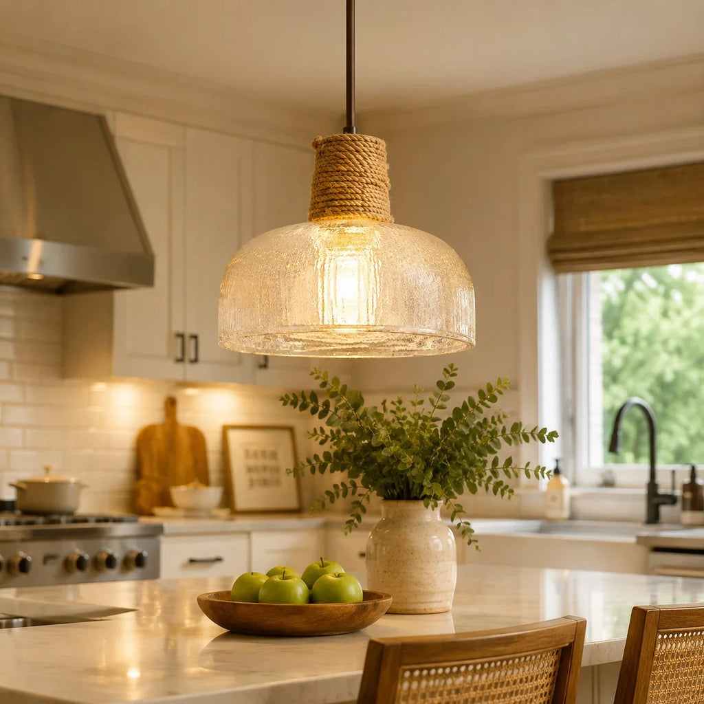 Rustic Woven Rope Glass Pendant Light Collection | Esilora