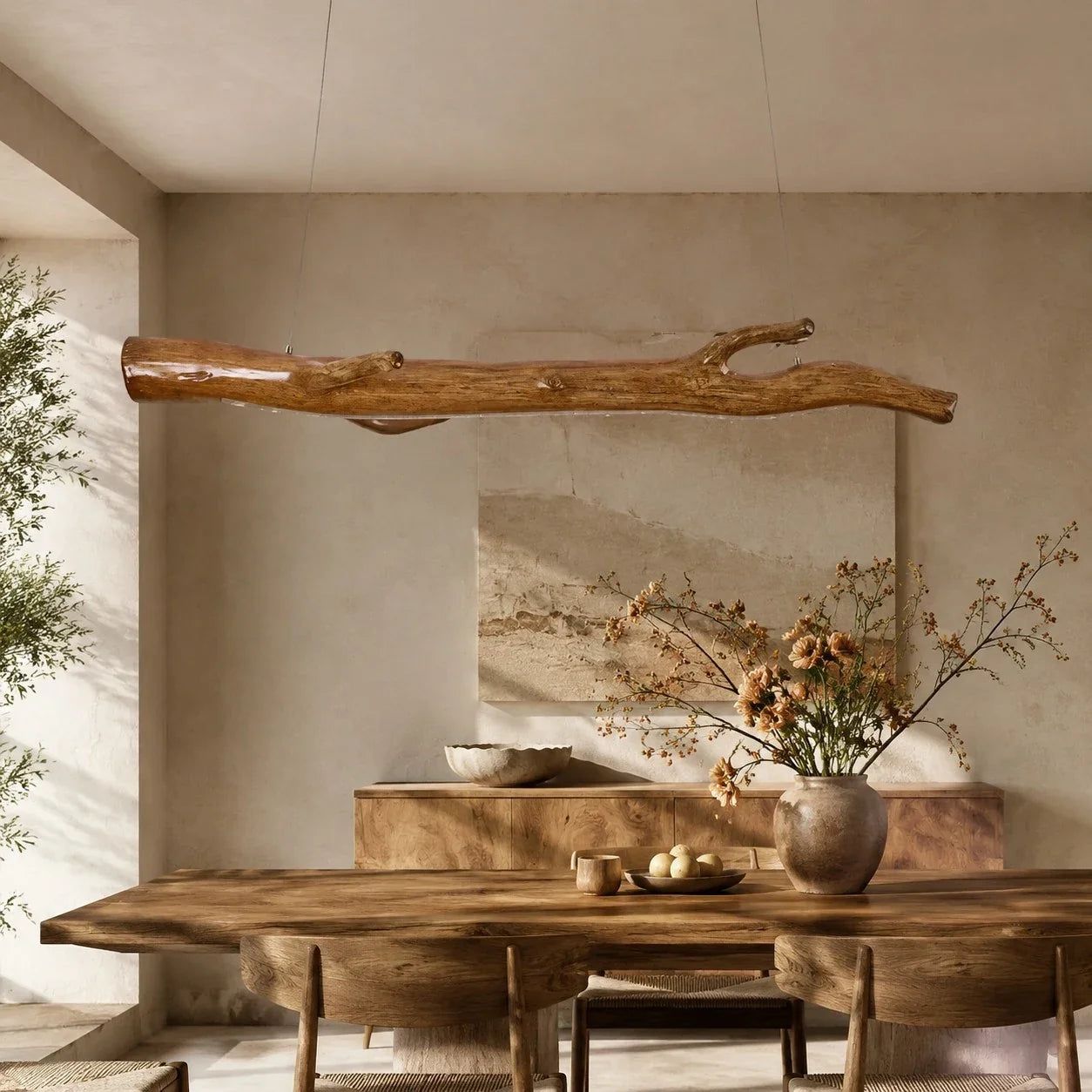 Wabi-Sabi Natural Wood Linear Pendant Light for Dining Rooms and Tea Spaces | Esilora