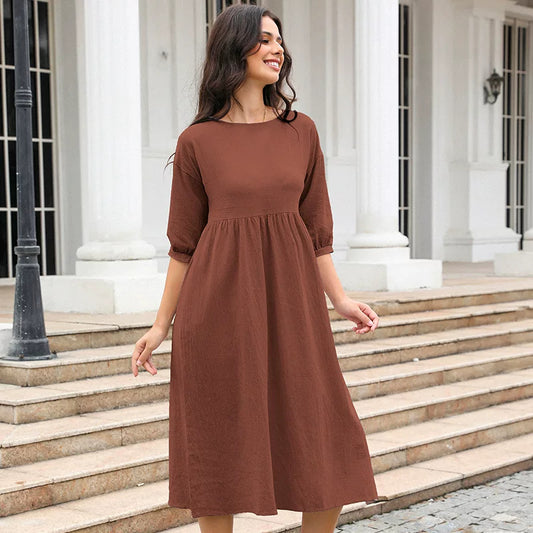 Robe Midi à Coupe Empire et Manches Mi-Longues