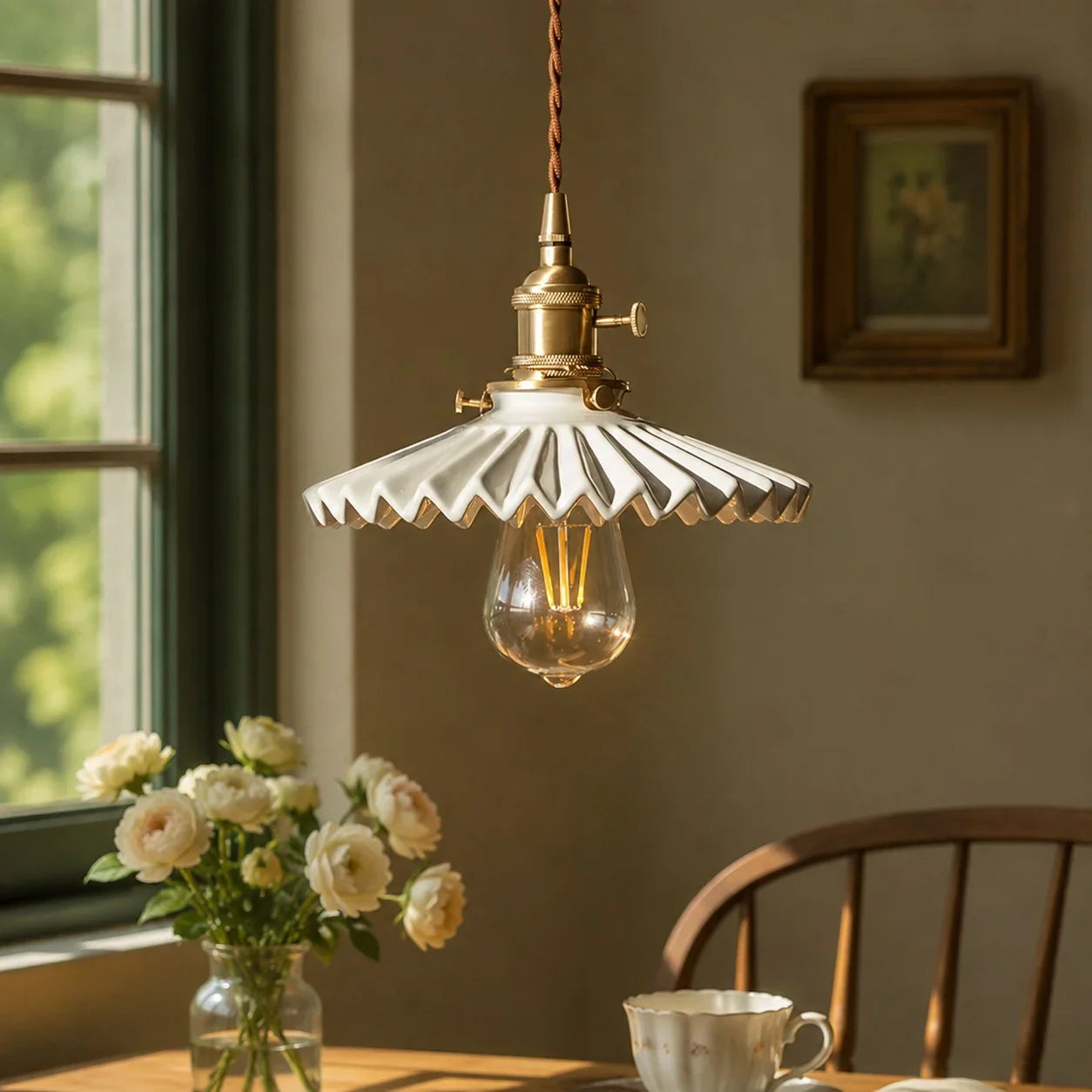 Pleated Ceramic Pendant Light with Brass Hardware | Esilora