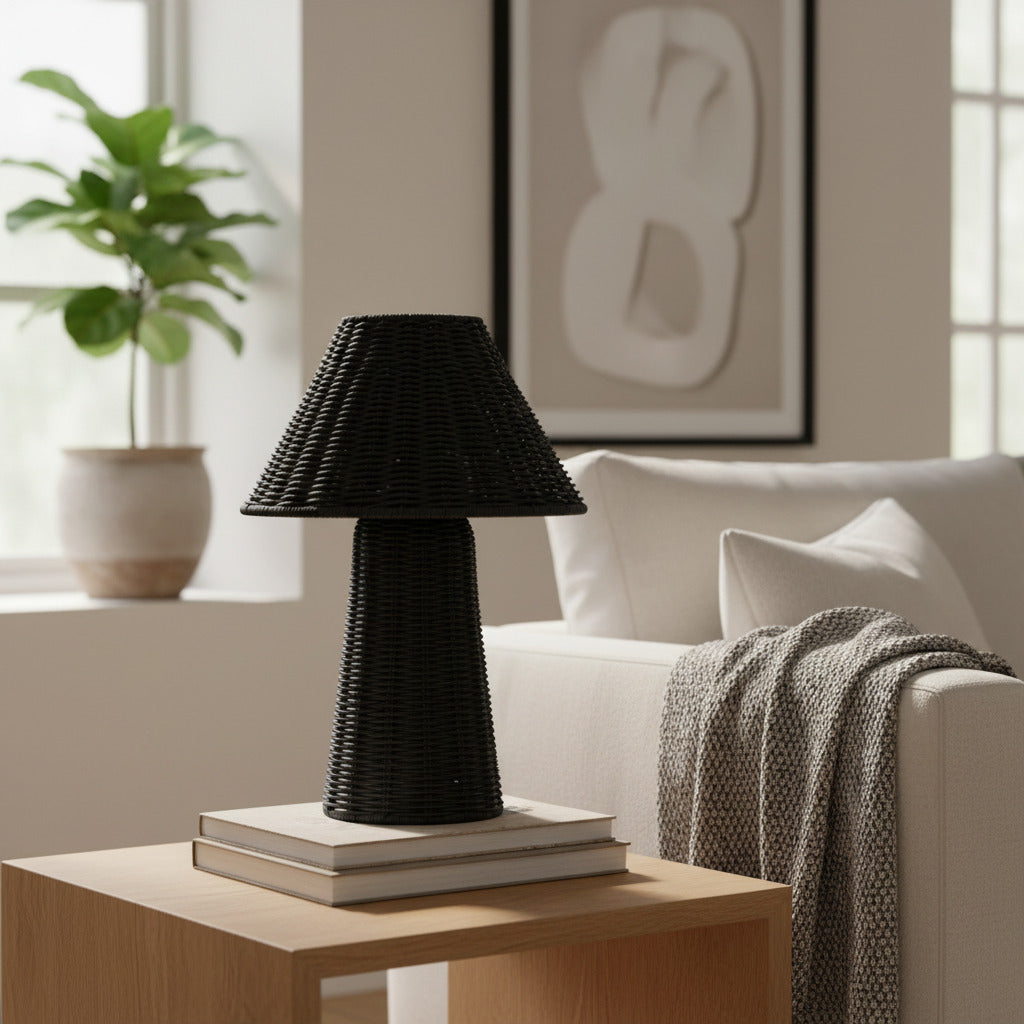 Wickara Skulpturale Rattan-Mini-Tischlampe - Natürliche gewebte Oberfläche, geeignet für Beistelltische & Eingangsbereiche | Esilora