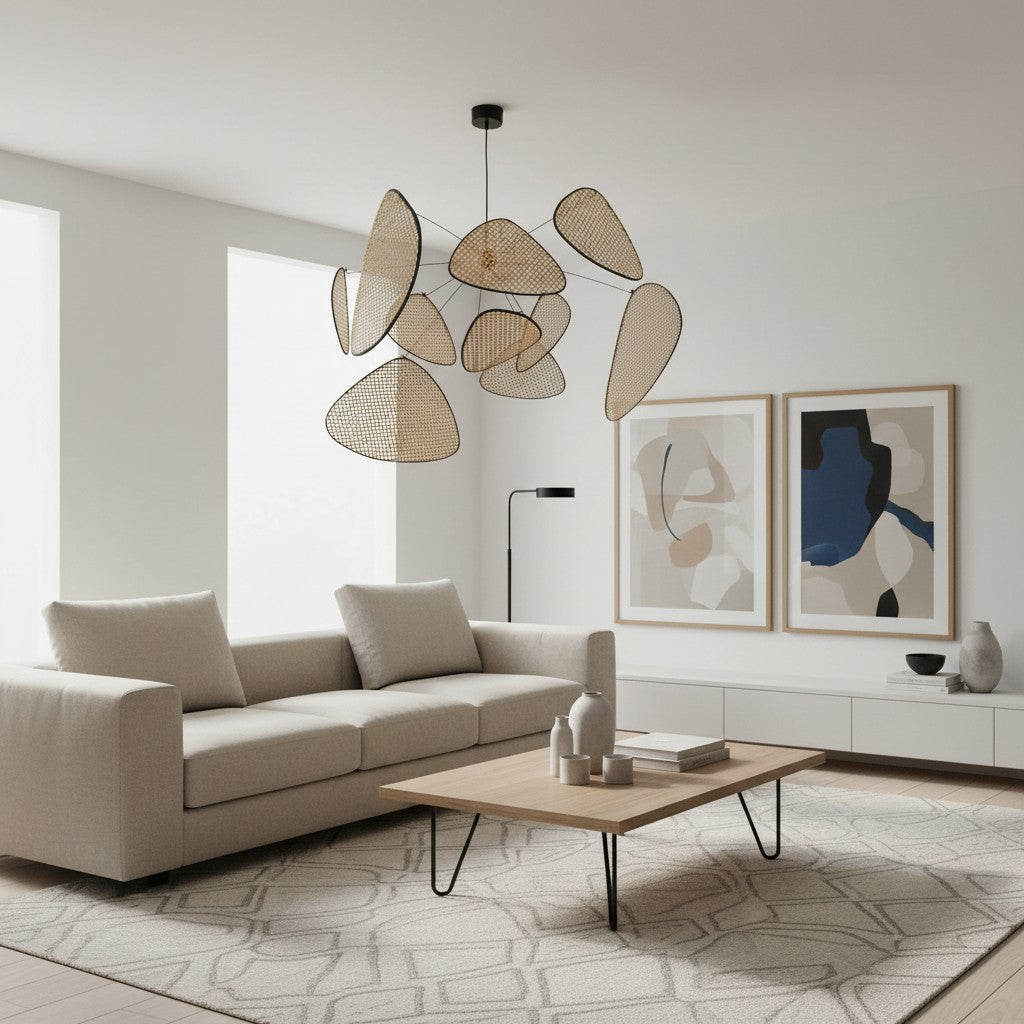 Rivana Modern Woven Rattan Chandelier – Metal Bamboo Pendant Light for Kitchens and Lounges N41 | Esilora