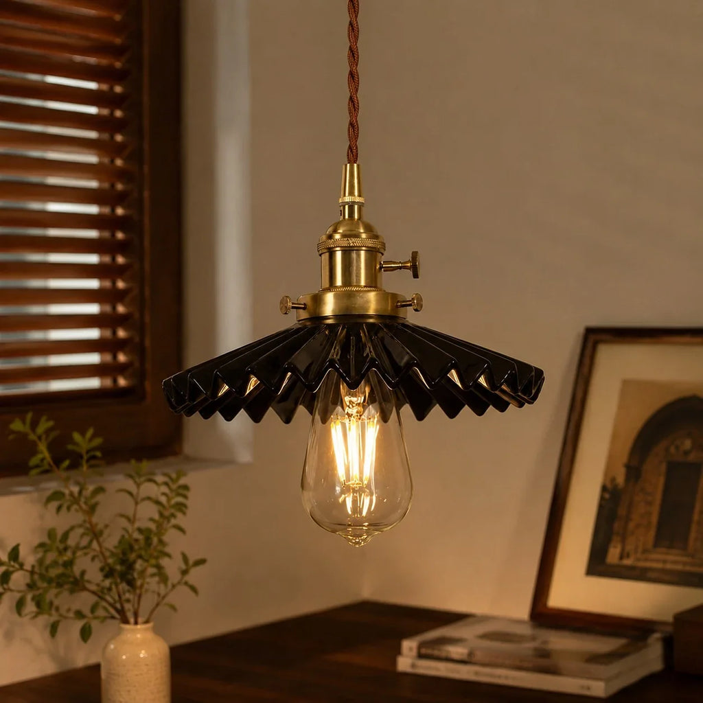 Pleated Ceramic Pendant Light with Brass Hardware | Esilora