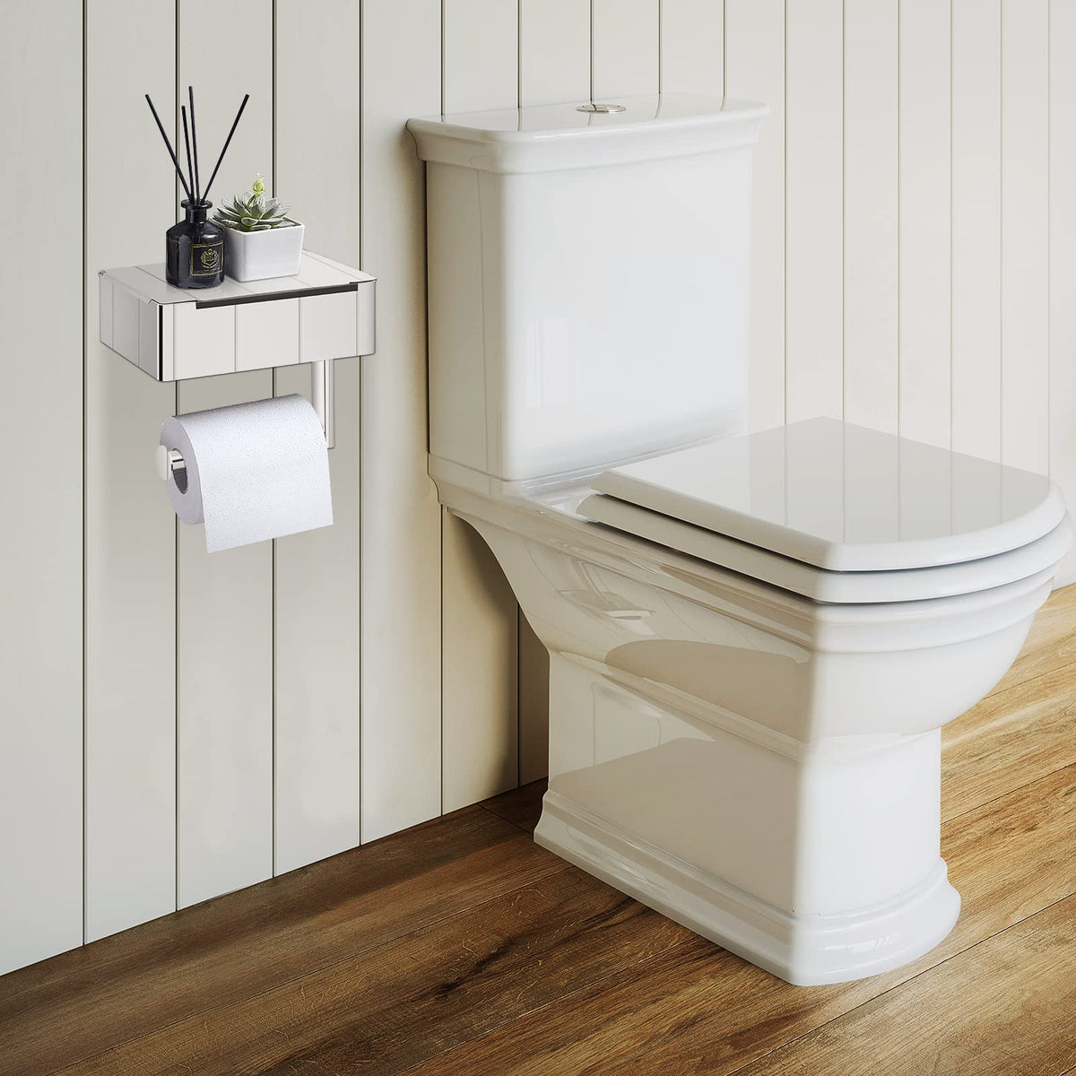 Tissuedispenser | Roestvrijstalen toiletpapierhouder | 2-in-1-houder met plank | SteelShelf - Esilora