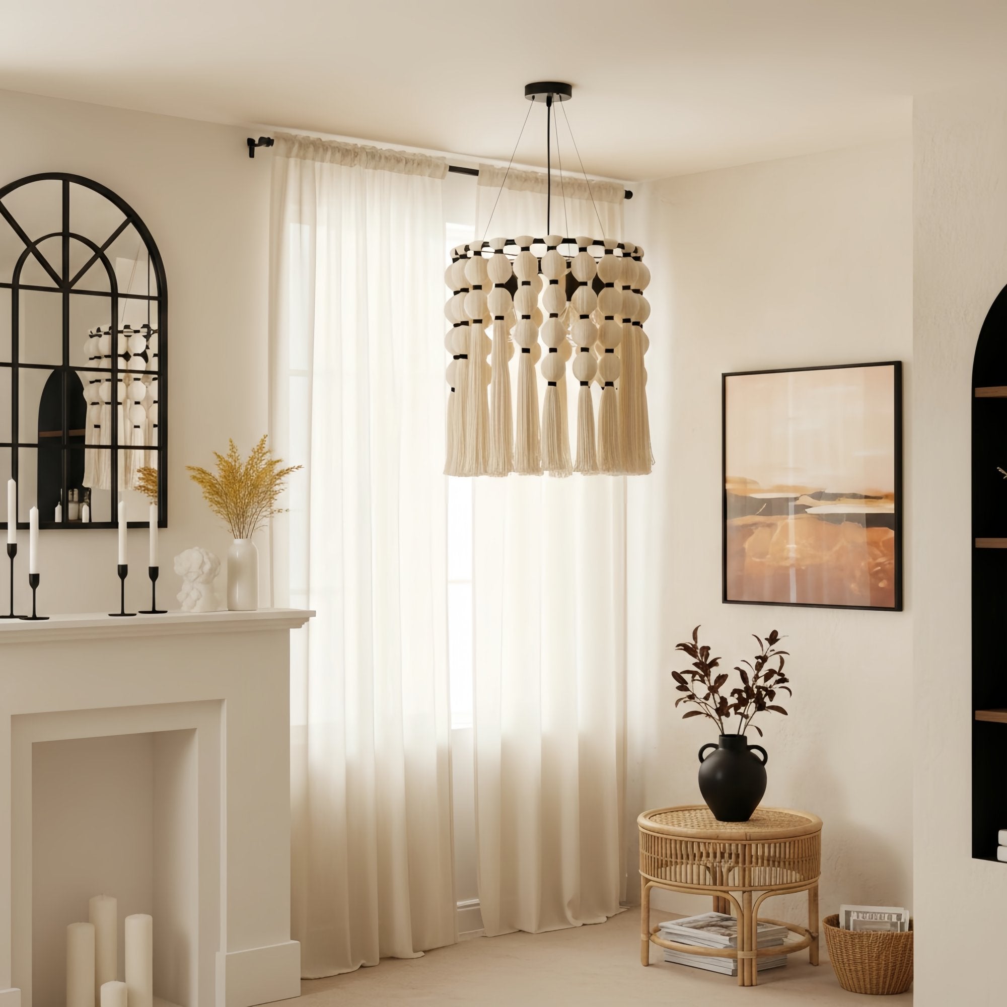 Modulune moderner eleganter handgefertigter Kronleuchter mit weißem Baumwollfransen für Wohnzimmer | Esilora