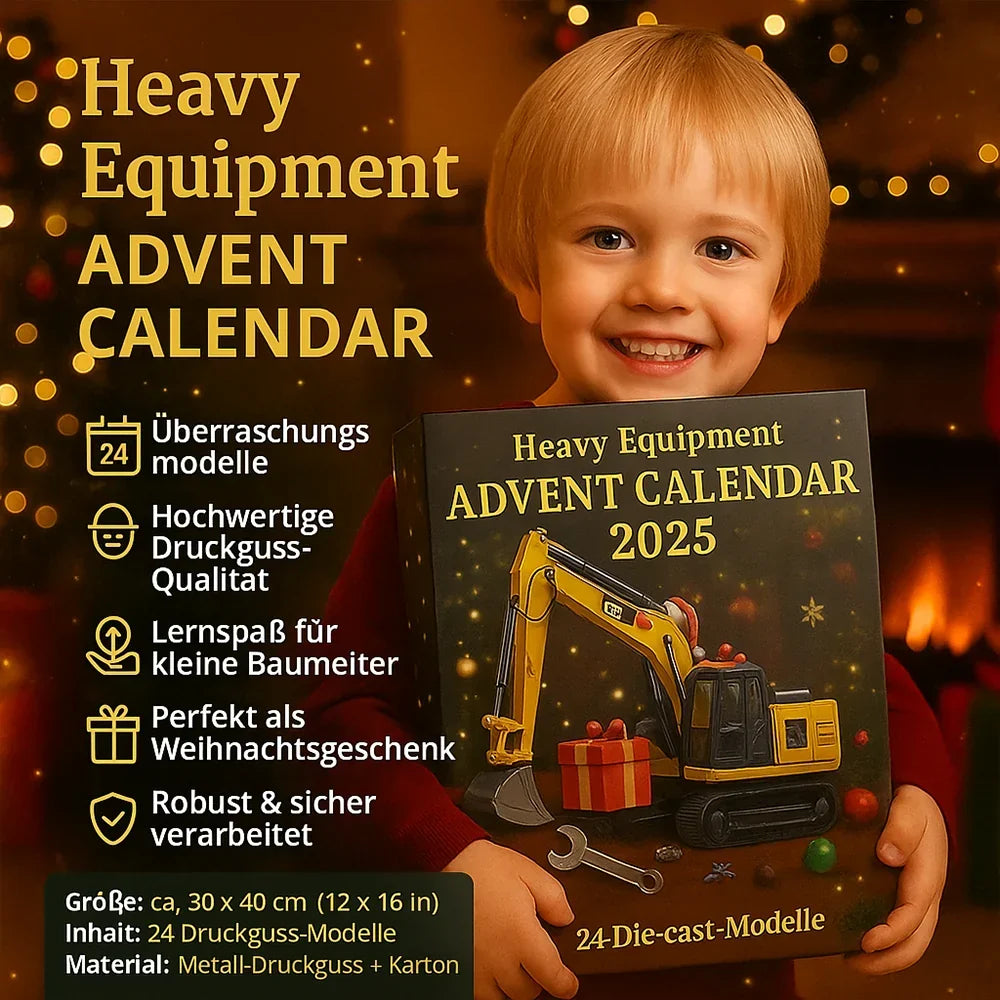 Calendar Advent 2025 cu vehicule de construcții — 24 de modele turnate sub presiune, planșă de numărătoare inversă de 30 by 40 cm