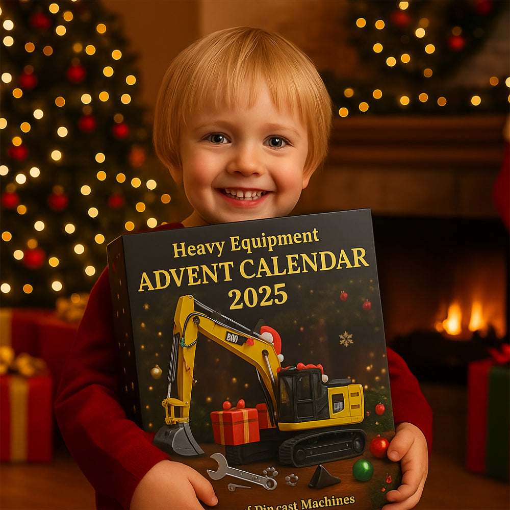 Calendar Advent 2025 cu vehicule de construcții — 24 de modele turnate sub presiune, planșă de numărătoare inversă de 30 by 40 cm