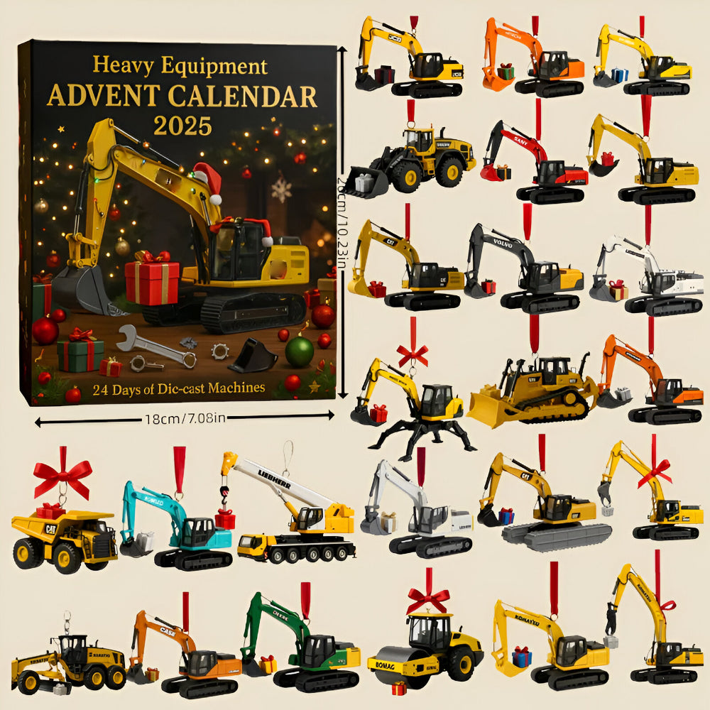 Calendar Advent 2025 cu vehicule de construcții — 24 de modele turnate sub presiune, planșă de numărătoare inversă de 30 by 40 cm