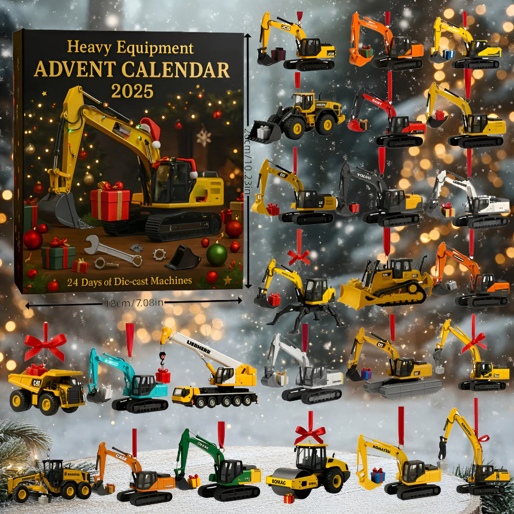 Calendar Advent 2025 cu vehicule de construcții — 24 de modele turnate sub presiune, planșă de numărătoare inversă de 30 by 40 cm
