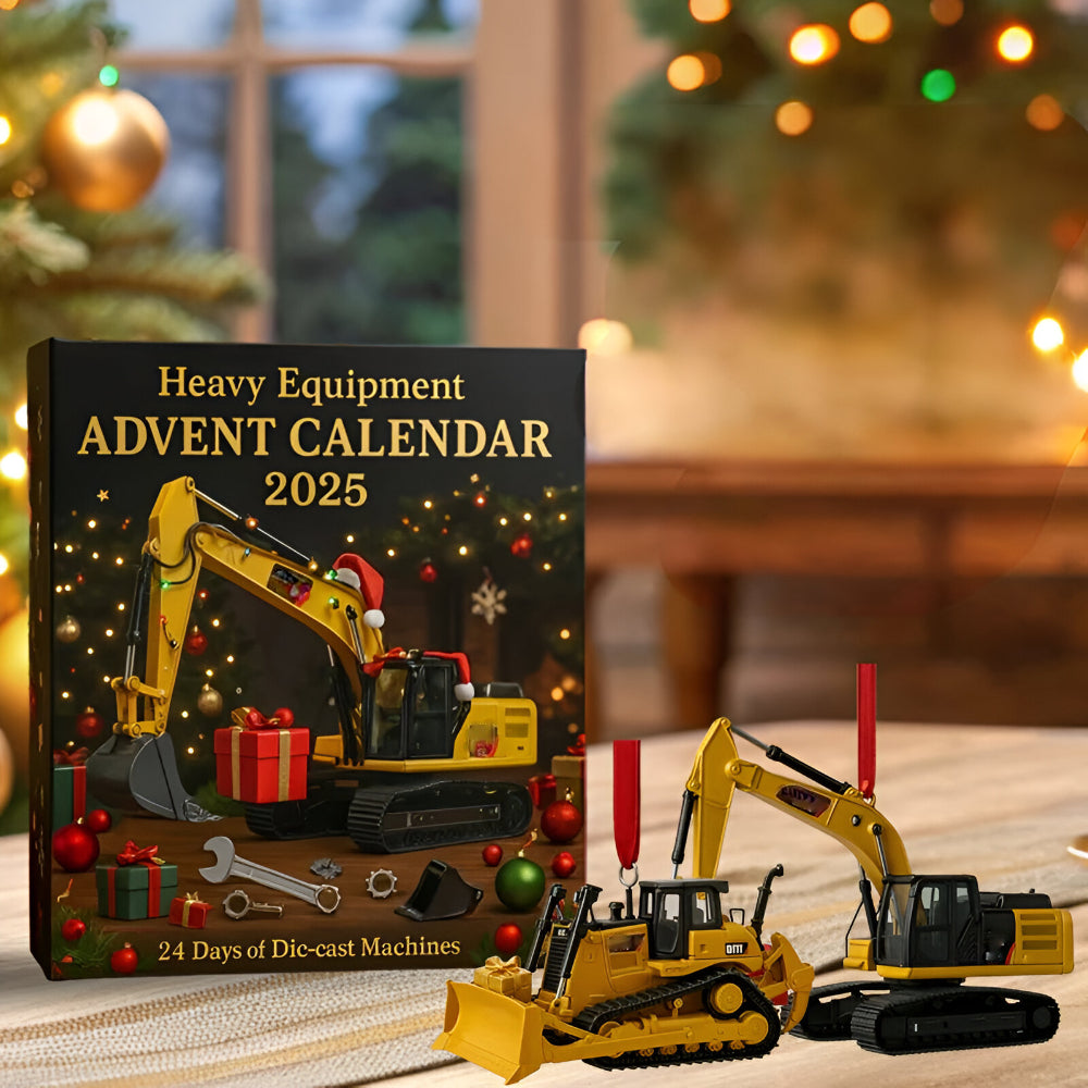 Calendar Advent 2025 cu vehicule de construcții — 24 de modele turnate sub presiune, planșă de numărătoare inversă de 30 by 40 cm