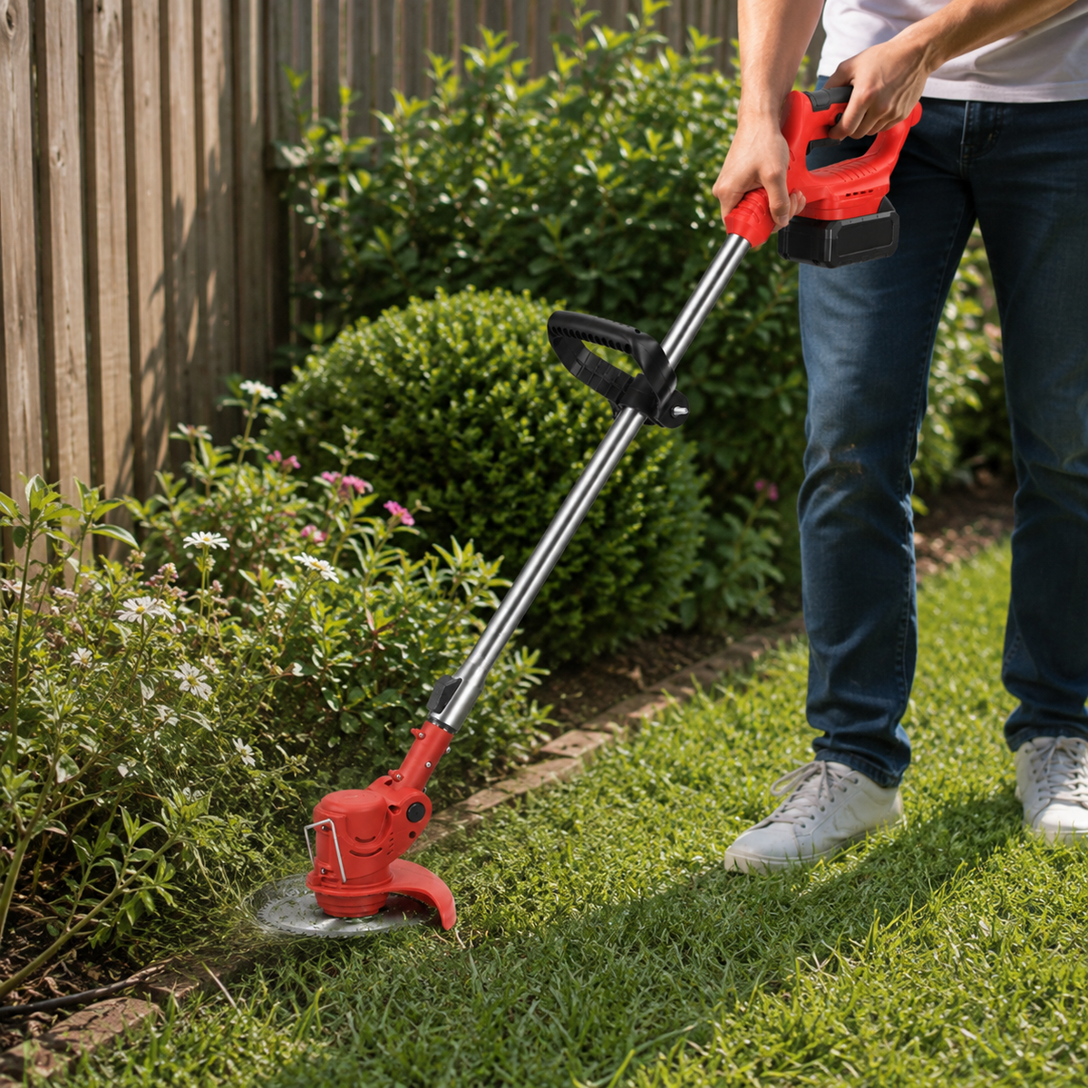 Cordless Grass Trimmer — 90° Adjustable Head, Metal Blades