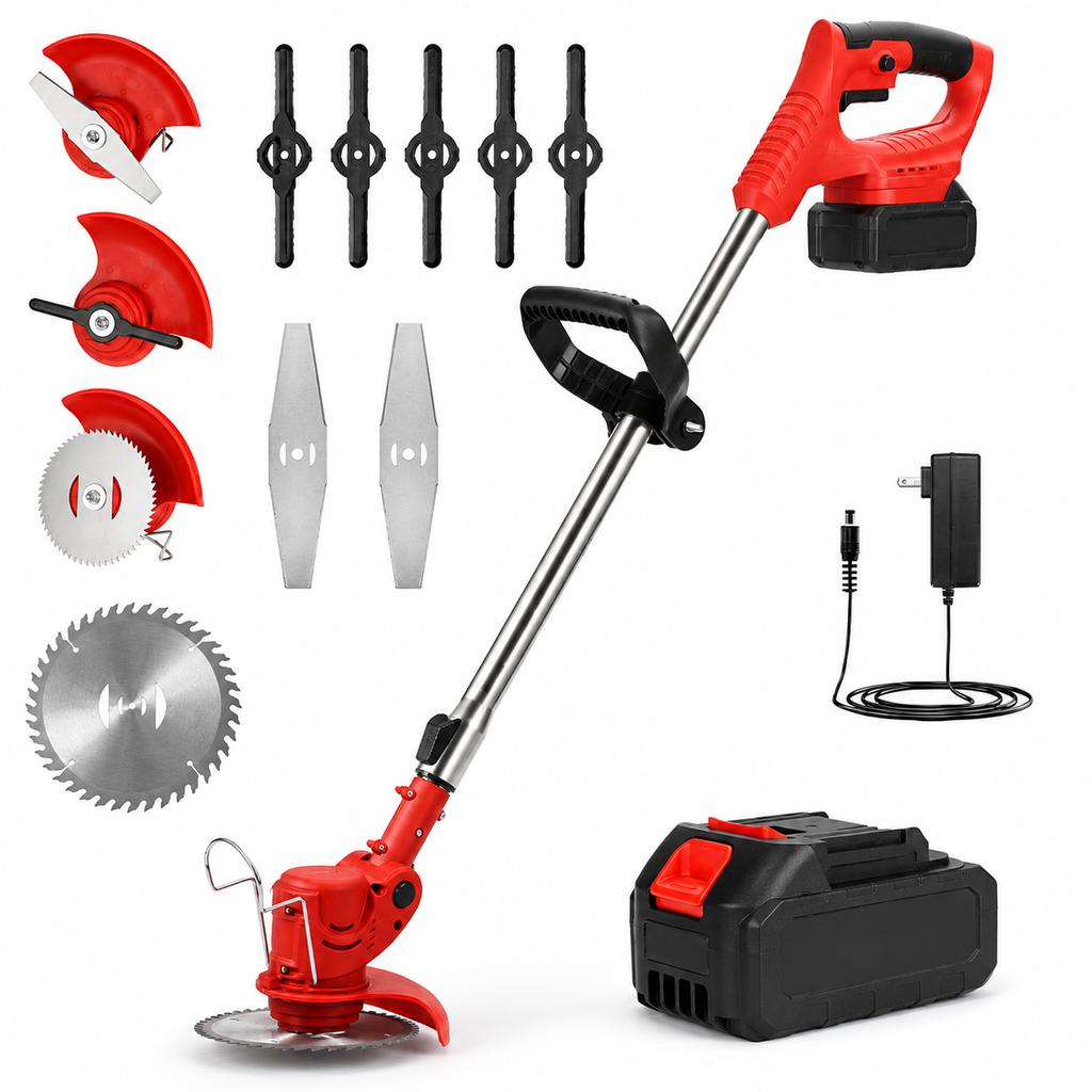 Cordless Grass Trimmer — 90° Adjustable Head, Metal Blades