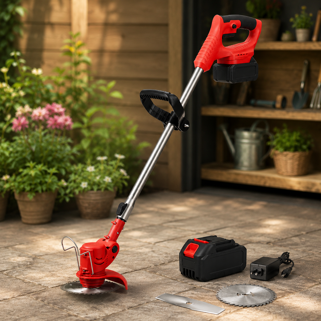 Cordless Grass Trimmer — 90° Adjustable Head, Metal Blades