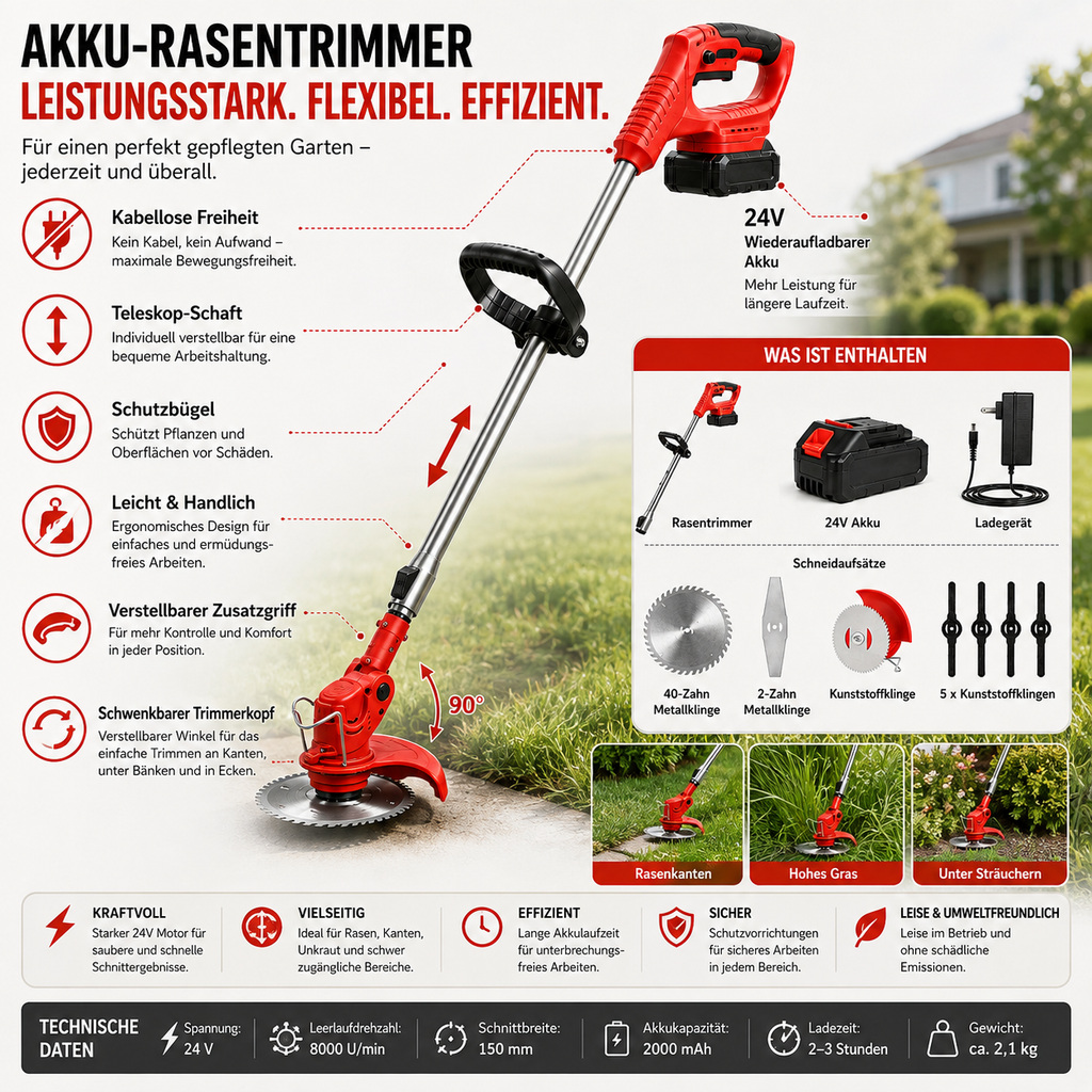 Cordless Grass Trimmer — 90° Adjustable Head, Metal Blades
