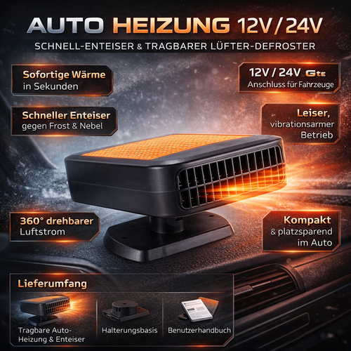 Přenosné topení do auta 12V a 24V - rychlý systém ventilátoru pro odmrazování