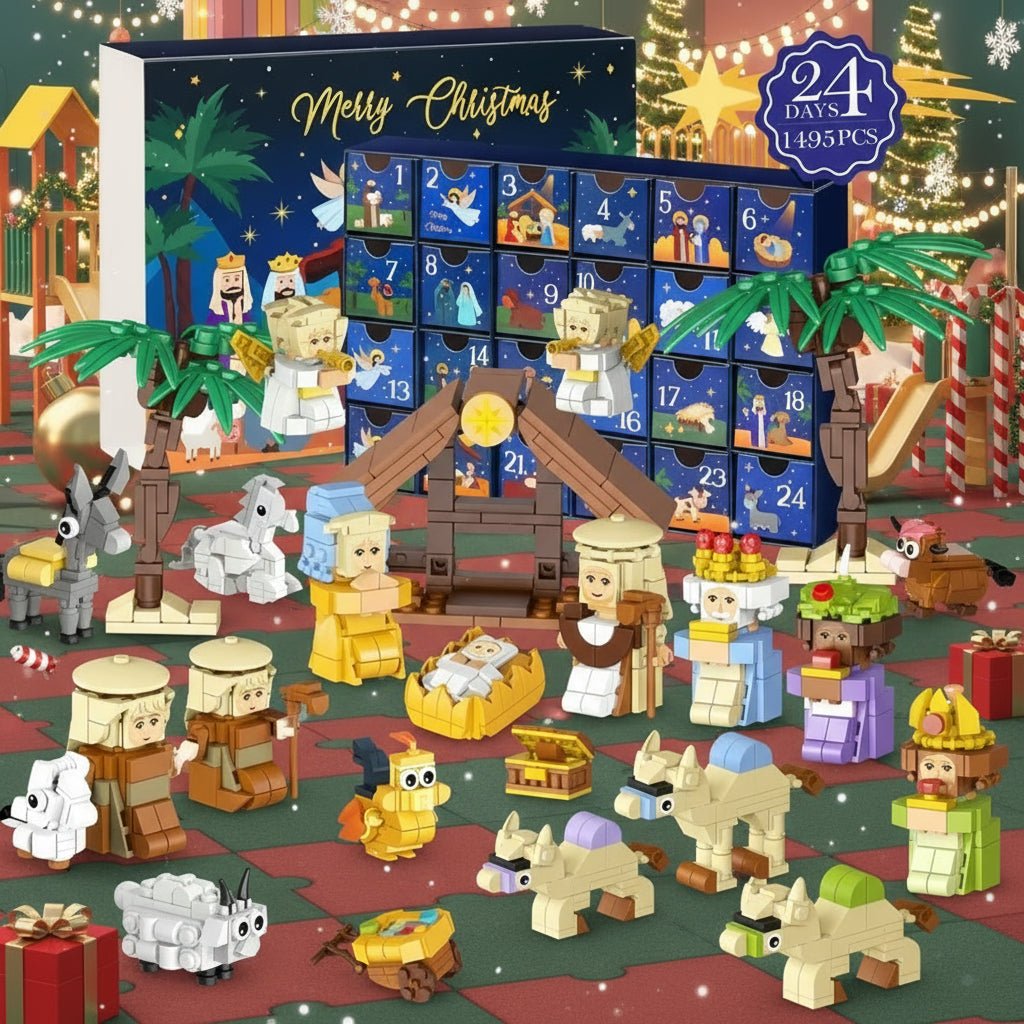 Gemütlicher kreativer DIY-Adventskalender von CosyCraft mit Krippenmotiv und 24 Bausteinen für Familien
