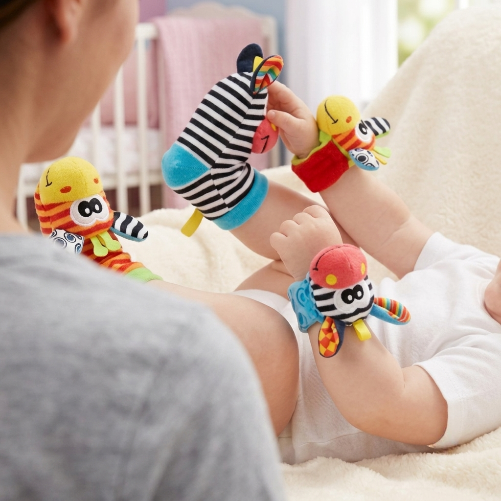 Calcetines sonajero para bebé con diseños de animales — juguete sensorial para agarrar