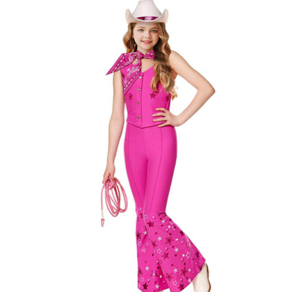 女性用70年代レトロピンクのカウガール衣装 - フレアパンツのディスココーデ