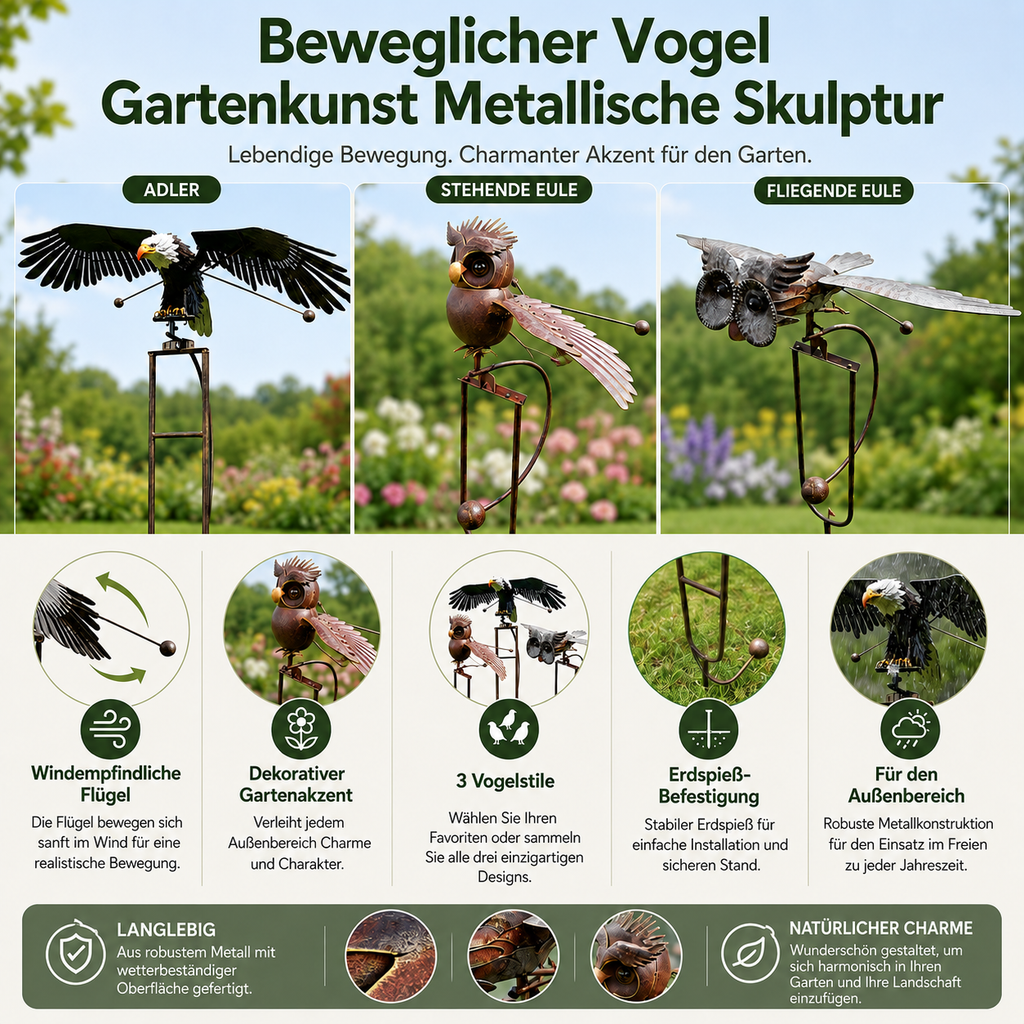 Kinetic Metal Bird Sculpture — Weather-Resistant Garden Art