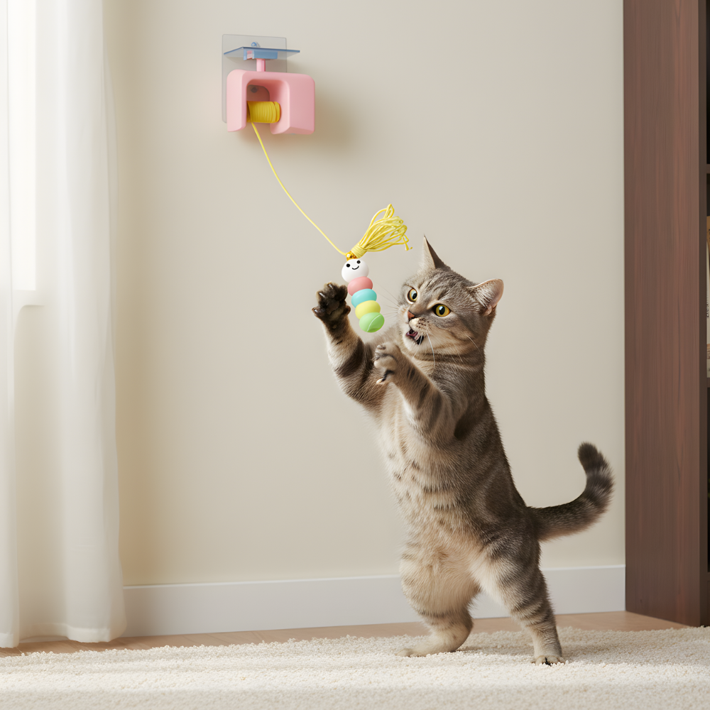 Brinquedo teaser BounceLatch para gatos, montado na parede — Brincadeira suspensa com corda