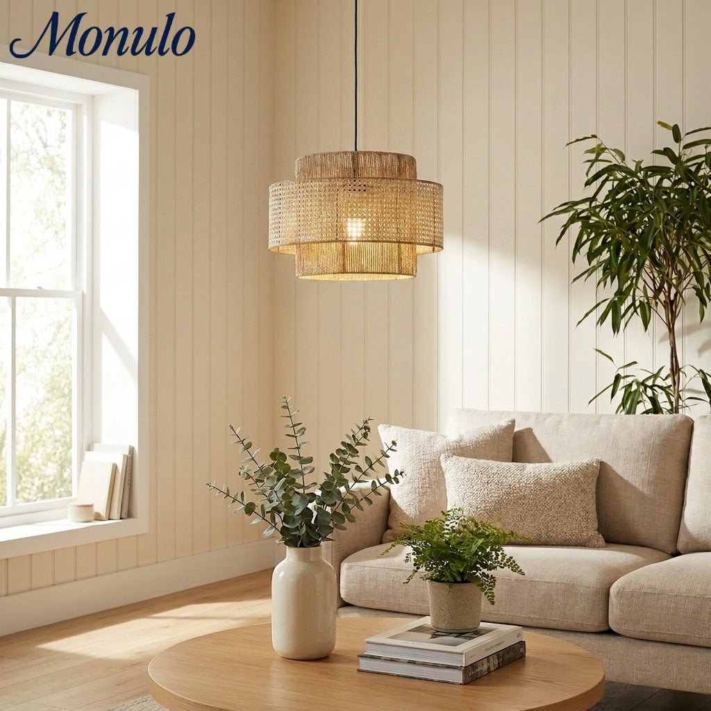 Rustic Japanese Wabi-Sabi Style Hemp Rope Rattan Drum Shape Zen Pendant Light | Esilora