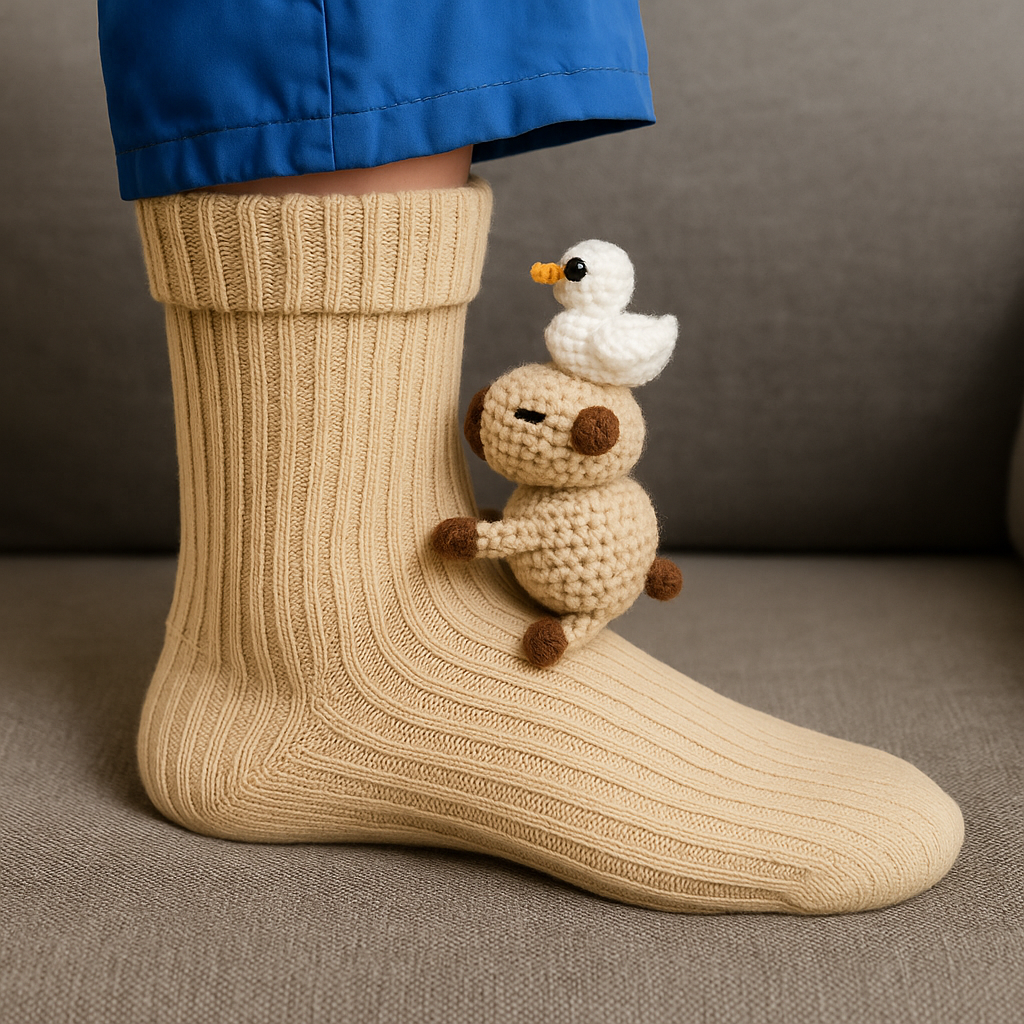 Unisex-varme hussokker i mikrofiber — Bløde, skridsikre, med 3D-dyremotiv