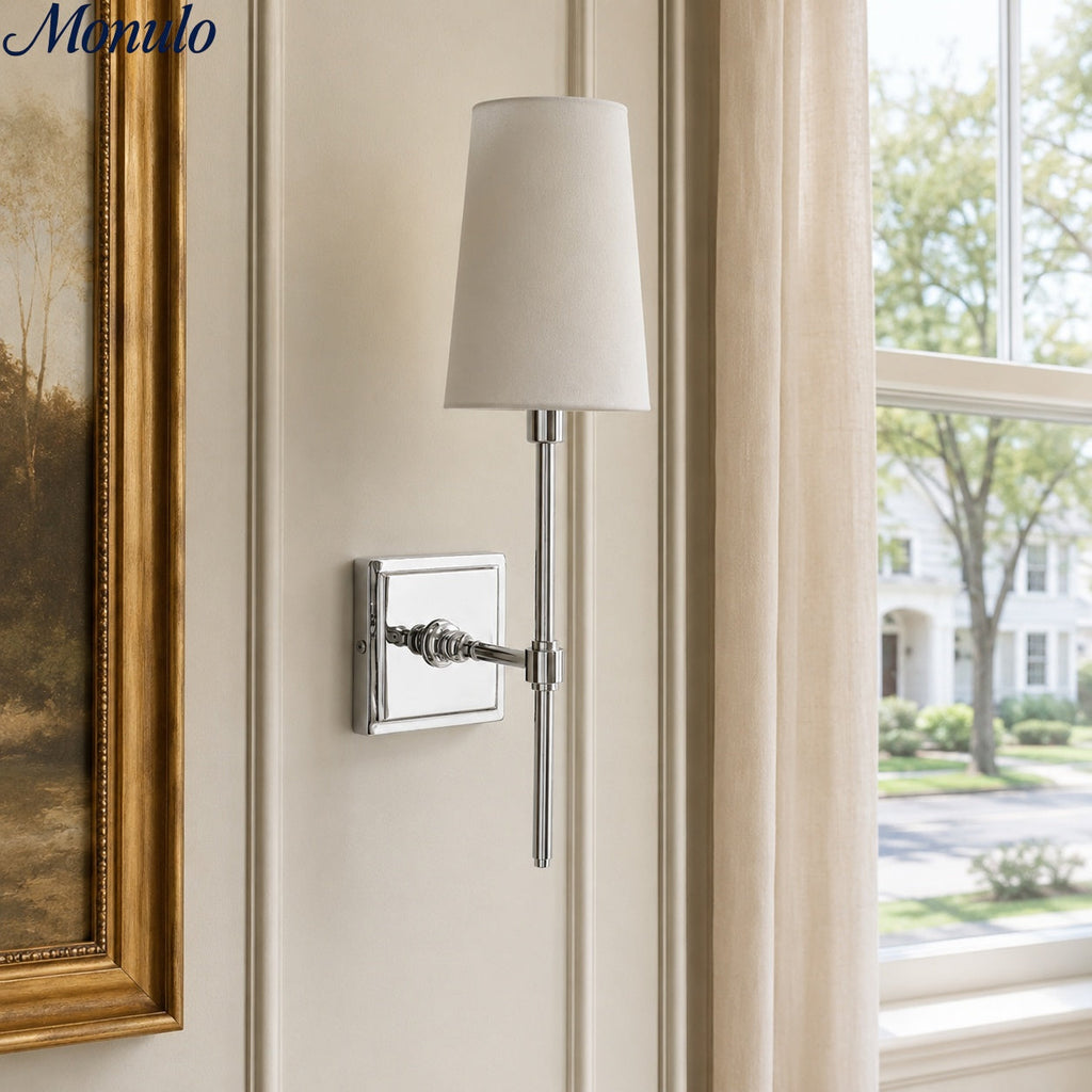 Rowan Elegant White-Linen Shade Wall Lamp – Retro Metal Wall Light for Bedroom & Hallway | Esilora
